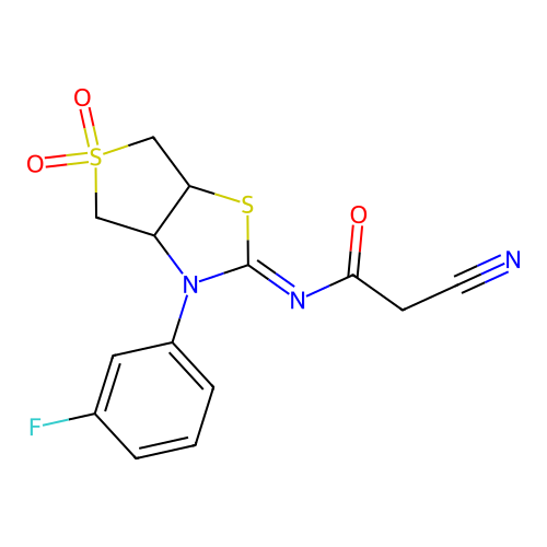 (Z)-2-cyano-N-(3-(3-fluorophenyl)-5,5-dioxidotetrahydrothieno[3,4-d]thiazol-2(3H)-ylidene)acetamide structure