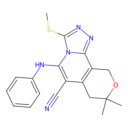 5-anilino-8,8-dimethyl-3-(methylsulfanyl)-7,10dihydro-8h-pyrano[3,4-c][1,2,4]triazolo[4,3-a]pyridine-6-carbonitrile structure