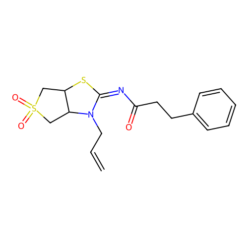 N-[(2E)-5,5-dioxido-3-(prop-2-en-1-yl)tetrahydrothieno[3,4-d][1,3]thiazol-2(3H)-ylidene]-3-phenylpropanamide structure