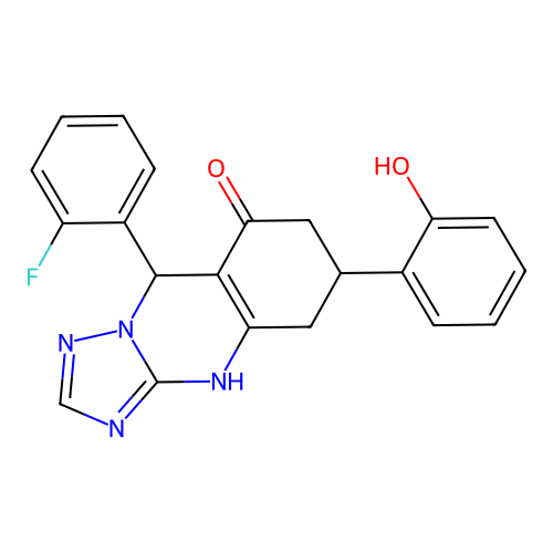 9-(2-fluorophenyl)-6-(2-hydroxyphenyl)-5,6,7,9-tetrahydro-[1,2,4]triazolo[5,1-b]quinazolin-8(4H)-one structure