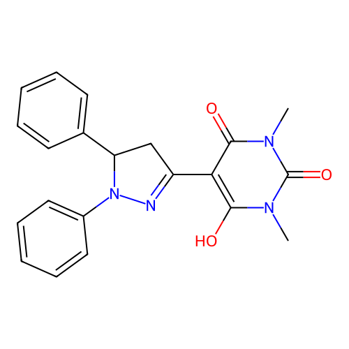 5-(1,5-diphenylpyrazolidin-3-ylidene)-1,3-dimethylpyrimidine-2,4,6(1H,3H,5H)-trione structure
