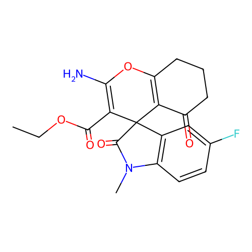 ethyl 2-amino-5'-fluoro-1'-methyl-2',5-dioxo-1',2',5,6,7,8-hexahydrospiro[chromene-4,3'-indole]-3-carboxylate structure