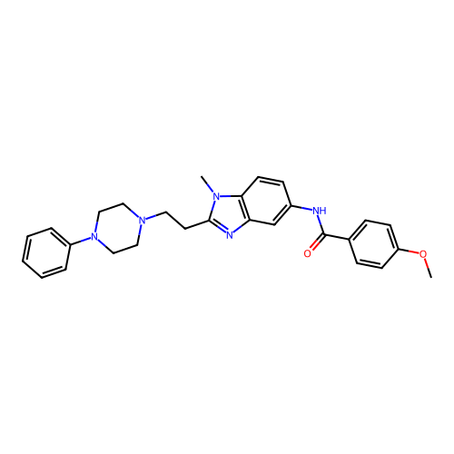 4-methoxy-N-{1-methyl-2-[2-(4-phenylpiperazin-1-yl)ethyl]-1H-benzimidazol-5-yl}benzamide structure