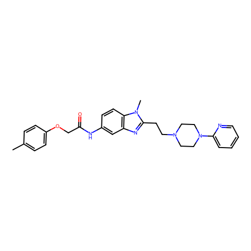 2-(4-methylphenoxy)-N-(1-methyl-2-{2-[4-(pyridin-2-yl)piperazin-1-yl]ethyl}-1H-benzimidazol-5-yl)acetamide structure