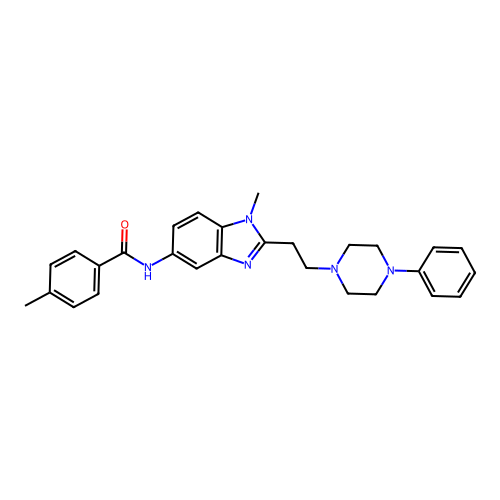 4-methyl-N-{1-methyl-2-[2-(4-phenylpiperazin-1-yl)ethyl]-1H-benzimidazol-5-yl}benzamide structure