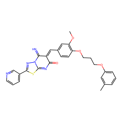 (6Z)-5-imino-6-[[3-methoxy-4-[3-(3-methylphenoxy)propoxy]phenyl]methylidene]-2-pyridin-3-yl-[1,3,4]thiadiazolo[3,2-a]pyrimidin-7-one structure