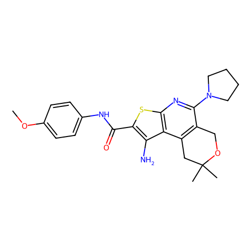 1-amino-N-(4-methoxyphenyl)-8,8-dimethyl-5-(pyrrolidin-1-yl)-8,9-dihydro-6H-pyrano[4,3-d]thieno[2,3-b]pyridine-2-carboxamide structure