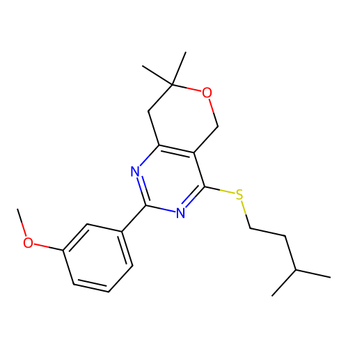 4-(isopentylthio)-2-(3-methoxyphenyl)-7,7-dimethyl-7,8-dihydro-5H-pyrano[4,3-d]pyrimidine structure
