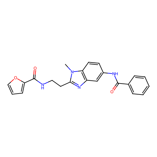 N-[2-(5-benzamido-1-methyl-benzoimidazol-2-yl)ethyl]furan-2-carboxamide structure