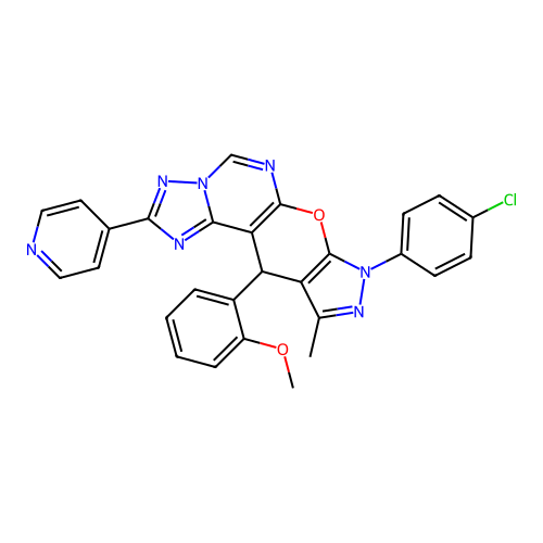 8-(4-chlorophenyl)-11-(2-methoxyphenyl)-10-methyl-2-(pyridin-4-yl)-8,11-dihydropyrazolo[4',3':5,6]pyrano[3,2-e][1,2,4]triazolo[1,5-c]pyrimidine structure