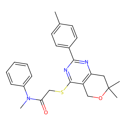 2-((7,7-dimethyl-2-(p-tolyl)-7,8-dihydro-5H-pyrano[4,3-d]pyrimidin-4-yl)thio)-N-methyl-N-phenylacetamide structure