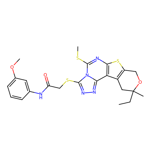 2-((10-ethyl-10-methyl-5-(methylthio)-10,11-dihydro-8H-pyrano[4',3':4,5]thieno[3,2-e][1,2,4]triazolo[4,3-c]pyrimidin-3-yl)thio)-N-(3-methoxyphenyl)acetamide structure
