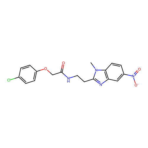 2-(4-chlorophenoxy)-N-[2-(1-methyl-5-nitro-1H-benzimidazol-2-yl)ethyl]acetamide structure