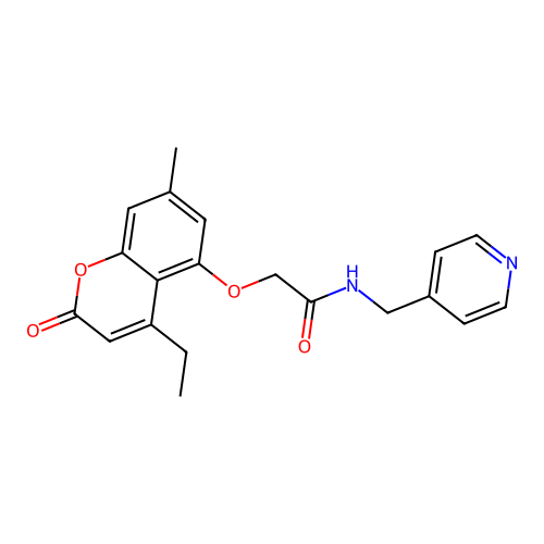 2-((4-ethyl-7-methyl-2-oxo-2H-chromen-5-yl)oxy)-N-(pyridin-4-ylmethyl)acetamide structure