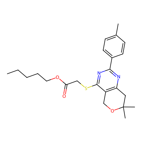 pentyl {[7,7-dimethyl-2-(4-methylphenyl)-7,8-dihydro-5H-pyrano[4,3-d]pyrimidin-4-yl]sulfanyl}acetate structure