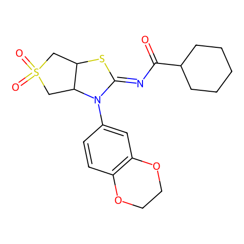(Z)-N-(3-(2,3-dihydrobenzo[b][1,4]dioxin-6-yl)-5,5-dioxidotetrahydrothieno[3,4-d]thiazol-2(3H)-ylidene)cyclohexanecarboxamide structure