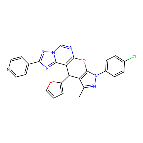 8-(4-chlorophenyl)-11-(furan-2-yl)-10-methyl-2-(pyridin-4-yl)-8,11-dihydropyrazolo[4',3':5,6]pyrano[3,2-e][1,2,4]triazolo[1,5-c]pyrimidine structure