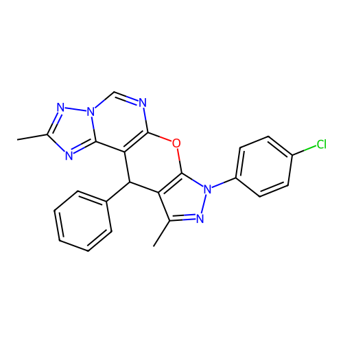 8-(4-chlorophenyl)-2,10-dimethyl-11-phenyl-8,11-dihydropyrazolo[4',3':5,6]pyrano[3,2-e][1,2,4]triazolo[1,5-c]pyrimidine structure