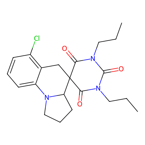 6'-chloro-1,3-dipropyl-1',2',3',3a'-tetrahydro-2H,5'H-spiro[pyrimidine-5,4'-pyrrolo[1,2-a]quinoline]-2,4,6(1H,3H)-trione structure
