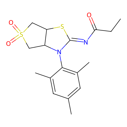 (Z)-N-(3-mesityl-5,5-dioxidotetrahydrothieno[3,4-d]thiazol-2(3H)-ylidene)propionamide structure