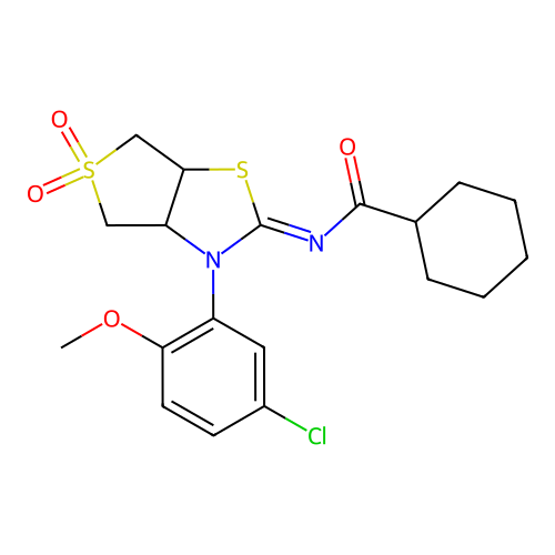 (Z)-N-(3-(5-chloro-2-methoxyphenyl)-5,5-dioxidotetrahydrothieno[3,4-d]thiazol-2(3H)-ylidene)cyclohexanecarboxamide structure