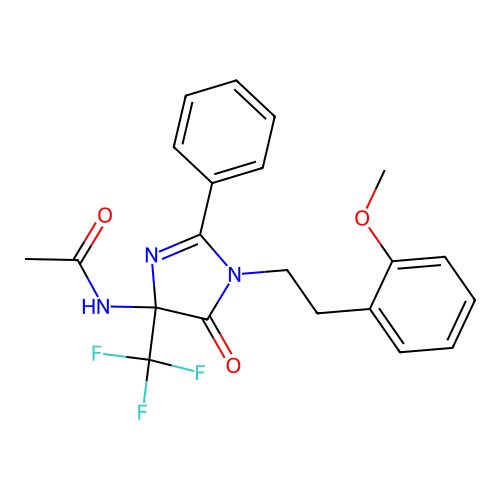 N-[1-[2-(2-methoxyphenyl)ethyl]-5-oxo-2-phenyl-4-(trifluoromethyl)imidazol-4-yl]acetamide structure