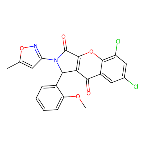 5,7-dichloro-1-(2-methoxyphenyl)-2-(5-methyl-1,2-oxazol-3-yl)-1,2-dihydrochromeno[2,3-c]pyrrole-3,9-dione structure