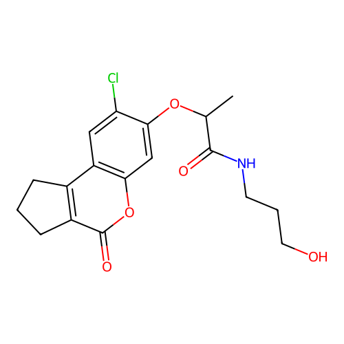 2-[(8-chloro-4-oxo-2,3-dihydro-1H-cyclopenta[c]chromen-7-yl)oxy]-N-(3-hydroxypropyl)propanamide structure