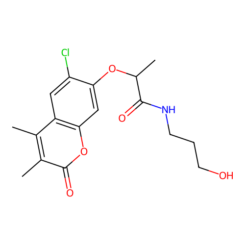 2-((6-chloro-3,4-dimethyl-2-oxo-2H-chromen-7-yl)oxy)-N-(3-hydroxypropyl)propanamide structure