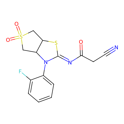 (Z)-2-cyano-N-(3-(2-fluorophenyl)-5,5-dioxidotetrahydrothieno[3,4-d]thiazol-2(3H)-ylidene)acetamide structure