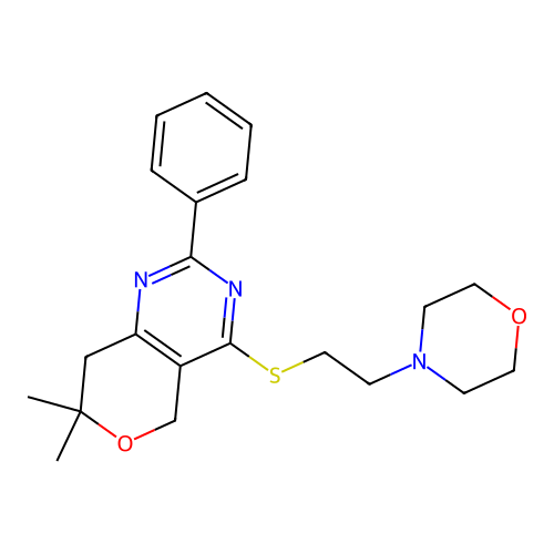 7,7-dimethyl-4-(2-morpholin-4-ylethylsulfanyl)-2-phenyl-5,8-dihydropyrano[4,3-d]pyrimidine structure
