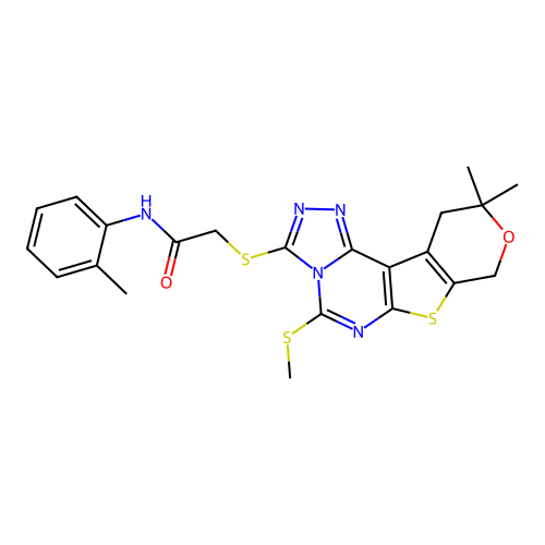 2-((10,10-dimethyl-5-(methylthio)-10,11-dihydro-8H-pyrano[4',3':4,5]thieno[3,2-e][1,2,4]triazolo[4,3-c]pyrimidin-3-yl)thio)-N-(o-tolyl)acetamide structure