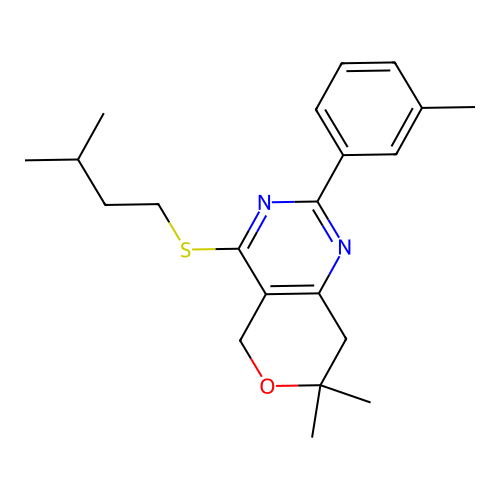 4-(isopentylthio)-7,7-dimethyl-2-(m-tolyl)-7,8-dihydro-5H-pyrano[4,3-d]pyrimidine structure