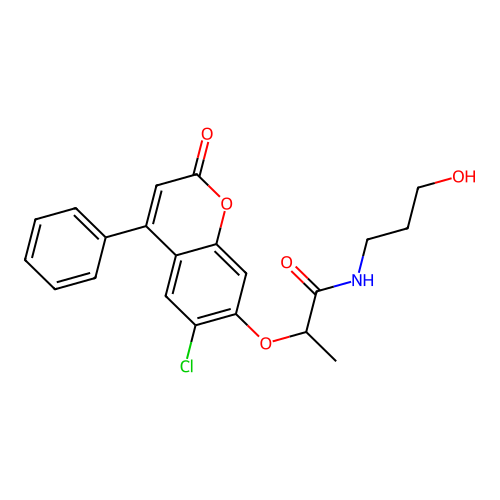 2-[(6-chloro-2-oxo-4-phenyl-2H-chromen-7-yl)oxy]-N-(3-hydroxypropyl)propanamide structure