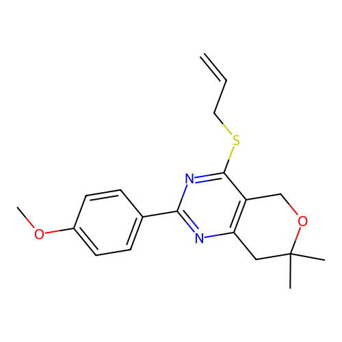2-(4-methoxyphenyl)-7,7-dimethyl-4-prop-2-enylsulfanyl-5,8-dihydropyrano[4,3-d]pyrimidine structure