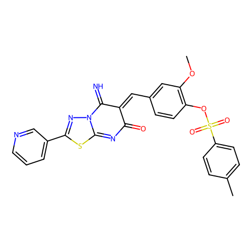 (Z)-4-((5-imino-7-oxo-2-(pyridin-3-yl)-5H-[1,3,4]thiadiazolo[3,2-a]pyrimidin-6(7H)-ylidene)methyl)-2-methoxyphenyl 4-methylbenzenesulfonate structure
