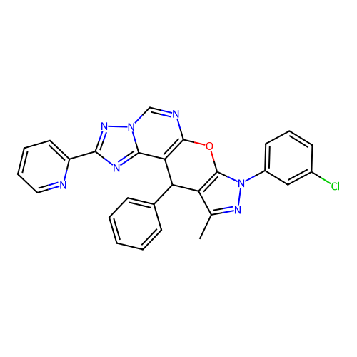 8-(3-chlorophenyl)-10-methyl-11-phenyl-2-(pyridin-2-yl)-8,11-dihydropyrazolo[4',3':5,6]pyrano[3,2-e][1,2,4]triazolo[1,5-c]pyrimidine structure