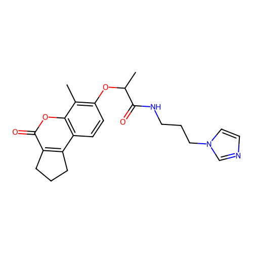 N-(3-(1H-imidazol-1-yl)propyl)-2-((6-methyl-4-oxo-1,2,3,4-tetrahydrocyclopenta[c]chromen-7-yl)oxy)propanamide structure