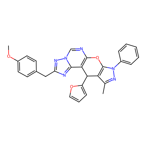 11-(furan-2-yl)-2-(4-methoxybenzyl)-10-methyl-8-phenyl-8,11-dihydropyrazolo[4',3':5,6]pyrano[3,2-e][1,2,4]triazolo[1,5-c]pyrimidine structure