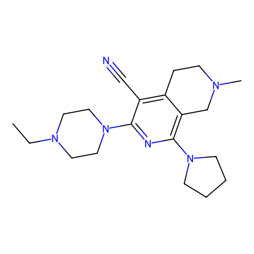 3-(4-ethylpiperazin-1-yl)-7-methyl-1-(pyrrolidin-1-yl)-5,6,7,8-tetrahydro-2,7-naphthyridine-4-carbonitrile structure
