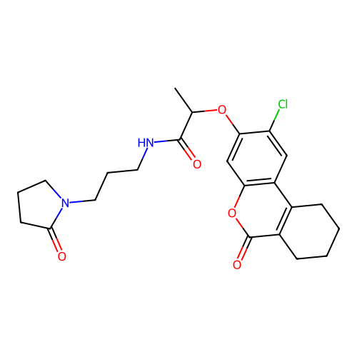 2-((2-chloro-6-oxo-7,8,9,10-tetrahydro-6H-benzo[c]chromen-3-yl)oxy)-N-(3-(2-oxopyrrolidin-1-yl)propyl)propanamide structure
