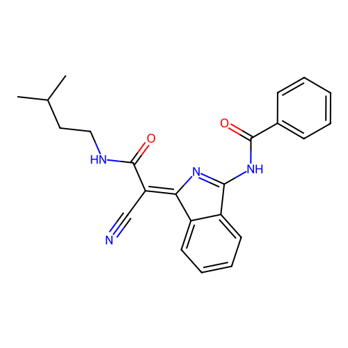 (Z)-N-(1-(1-cyano-2-(isopentylamino)-2-oxoethylidene)-1H-isoindol-3-yl)benzamide structure