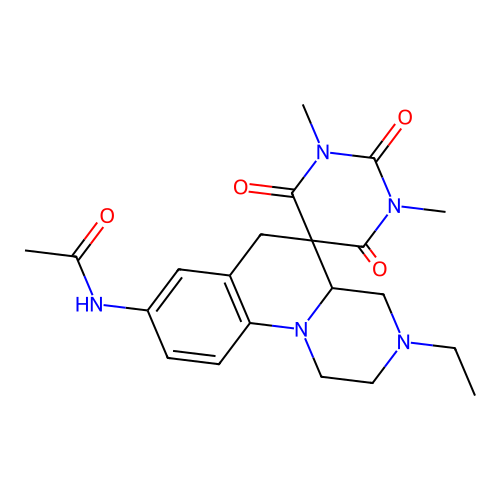 N-(3'-ethyl-1,3-dimethyl-2,4,6-trioxospiro[1,3-diazinane-5,5'-2,4,4a,6-tetrahydro-1H-pyrazino[1,2-a]quinoline]-8'-yl)acetamide structure