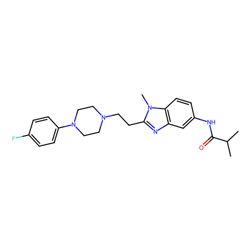 N-(2-(2-(4-(4-fluorophenyl)piperazin-1-yl)ethyl)-1-methyl-1H-benzo[d]imidazol-5-yl)isobutyramide structure