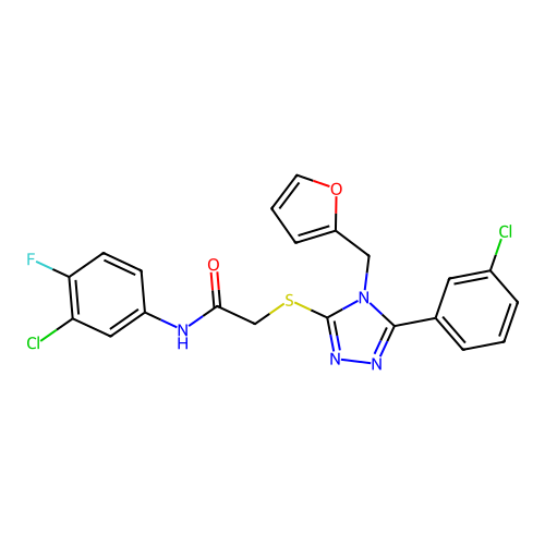 N-(3-chloro-4-fluorophenyl)-2-{[5-(3-chlorophenyl)-4-(furan-2-ylmethyl)-4H-1,2,4-triazol-3-yl]sulfanyl}acetamide structure