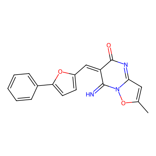 (6E)-7-imino-2-methyl-6-[(5-phenylfuran-2-yl)methylidene]-[1,2]oxazolo[2,3-a]pyrimidin-5-one structure