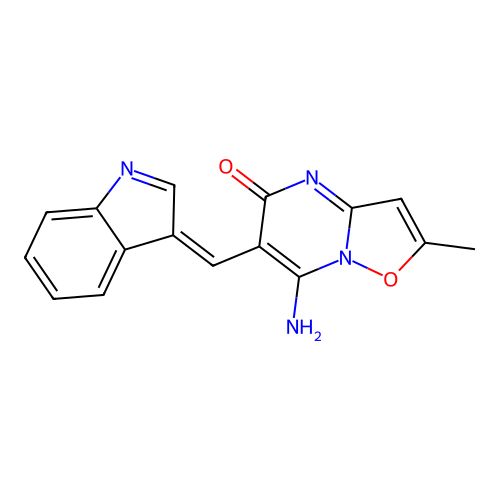 7-amino-6-[(Z)-indol-3-ylidenemethyl]-2-methyl-[1,2]oxazolo[2,3-a]pyrimidin-5-one structure
