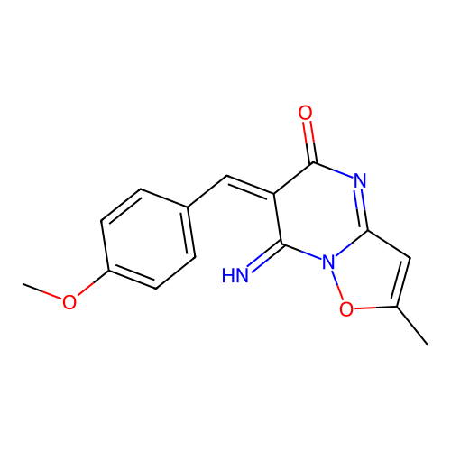 (6E)-7-imino-6-(4-methoxybenzylidene)-2-methyl-6,7-dihydro-5H-[1,2]oxazolo[2,3-a]pyrimidin-5-one structure