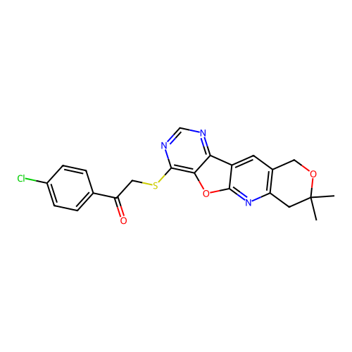 1-(4-chlorophenyl)-2-((8,8-dimethyl-8,10-dihydro-7H-pyrano[3'',4'':5',6']pyrido[3',2':4,5]furo[3,2-d]pyrimidin-4-yl)thio)ethanone structure