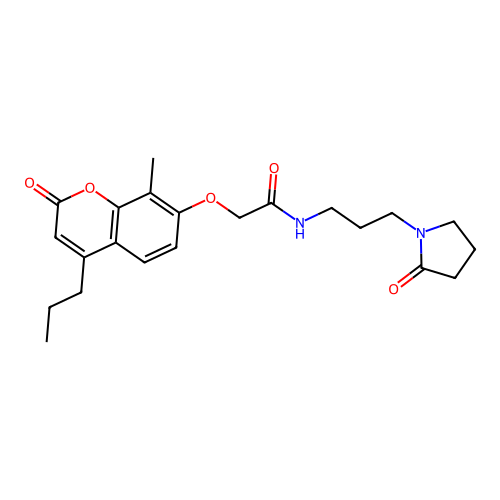 2-(8-methyl-2-oxo-4-propylchromen-7-yl)oxy-N-[3-(2-oxopyrrolidin-1-yl)propyl]acetamide structure